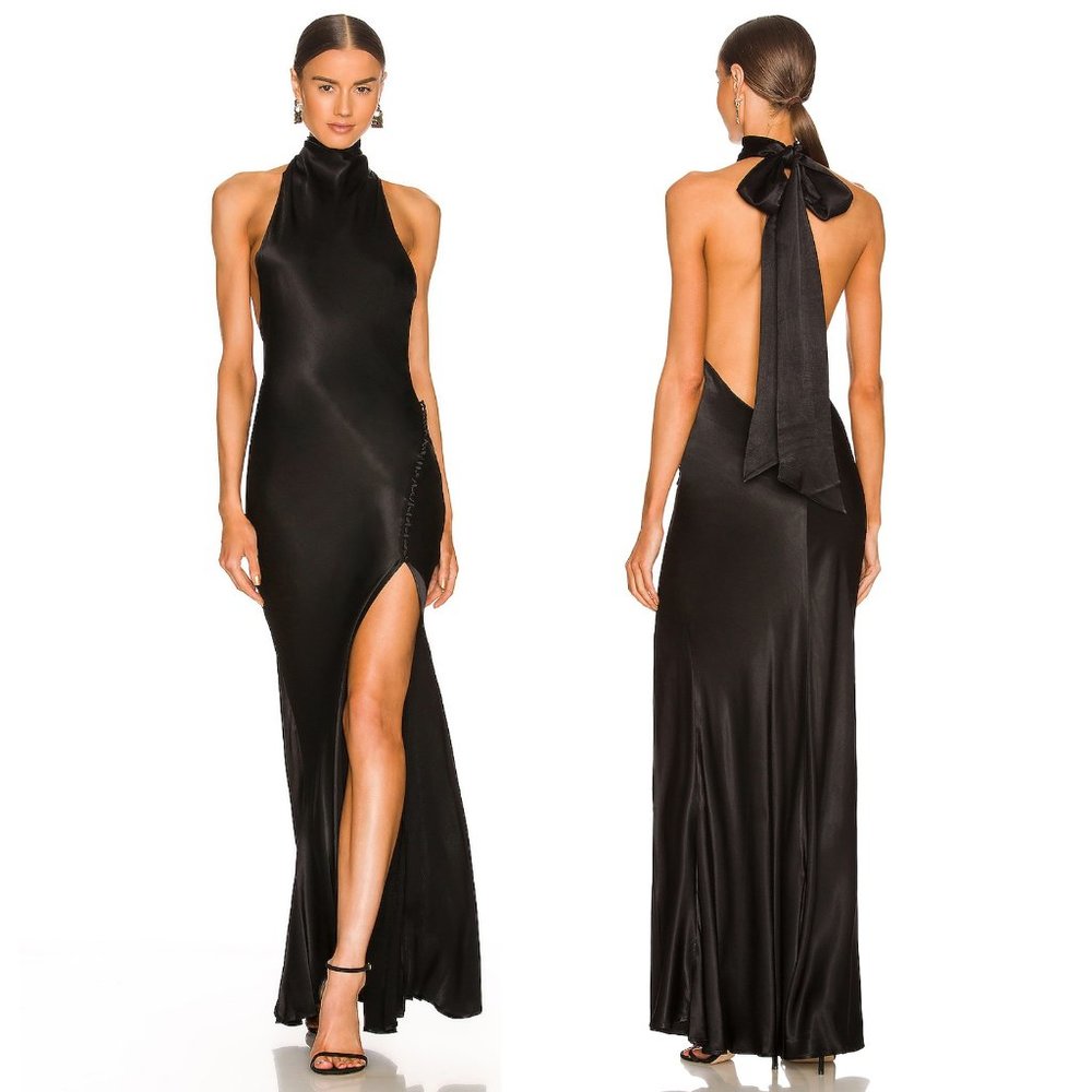 NEW SAU LEE Penelope Gown Black Satin Silk Halter Backless Maxi Dress 4 Small S